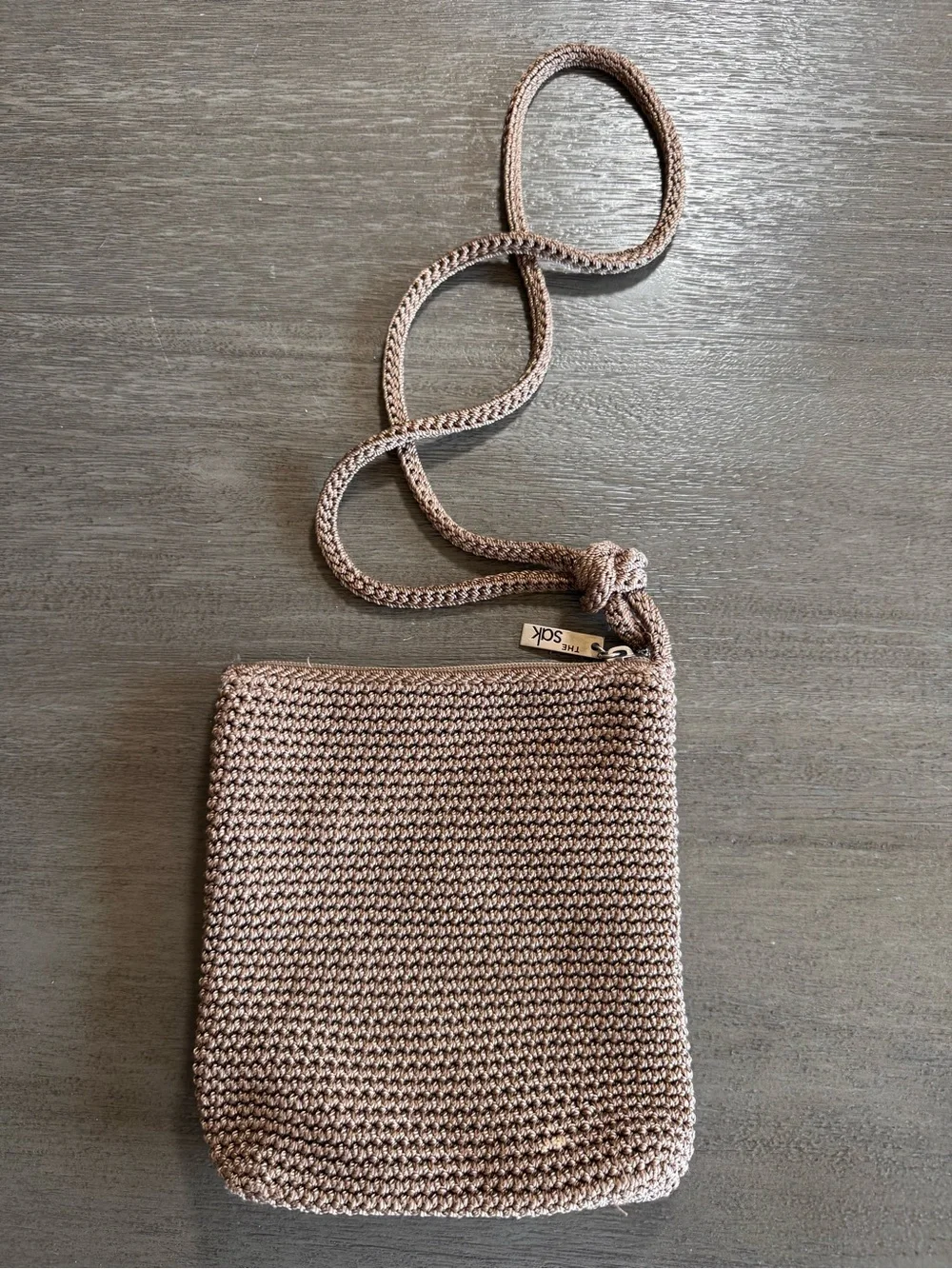 The Sak Taupe Woven Knit Crossbody Bag Purse